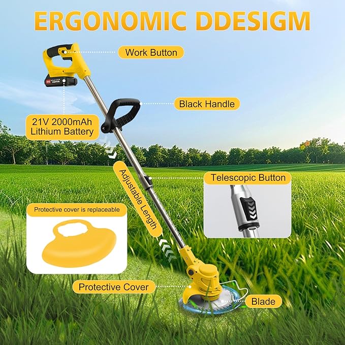 21V Electric Weed Wacker, Cordless Grass Trimmer with 2x2.0Ah Batteries & Fast Charger, Stringless Lightweight Brush Cutter/Edger/Mower/Trimmer with 4 Types Blade for Yard & Garden