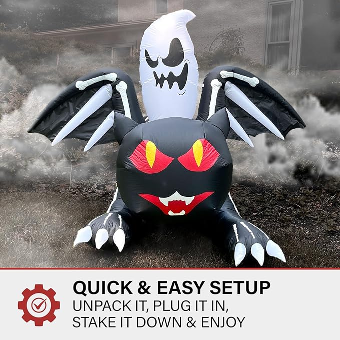 Haunted Hill Farm 5-Ft Tall Black Cat Bat Blow Up Inflatable with Red Eyes, Ghost, and Lights, Outdoor Halloween Inflatable Decoration for Lawn and Yard, Giant Spooky Holiday Decor