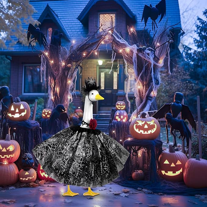 Halloween Porch Goose Outfits and Goose Clothes Fits 23" Plastic Cement Statues, Black Goose Outfit Costume with Rose Necklace for Outdoor Patio Yard Lawn Party