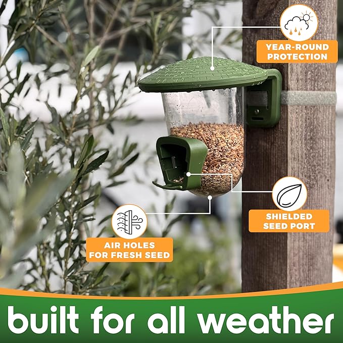 Outdoor Small Bird Feeder for Fences, Trees, Balcony and Walls - PerchPod Seed Birdfeeder, No Mess Wild Bird Feeders for Outside