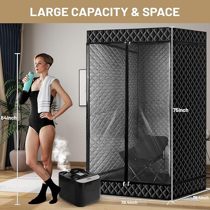 New UpgradeRed Light Collapsible Fridge Sauna Box for Relaxation,Detoxification,Portable Steam Sauna for Home with XL Steamer,16 Levels, 75”x 40”x40”，Double Doors，Larger Folding Chair, (Black)