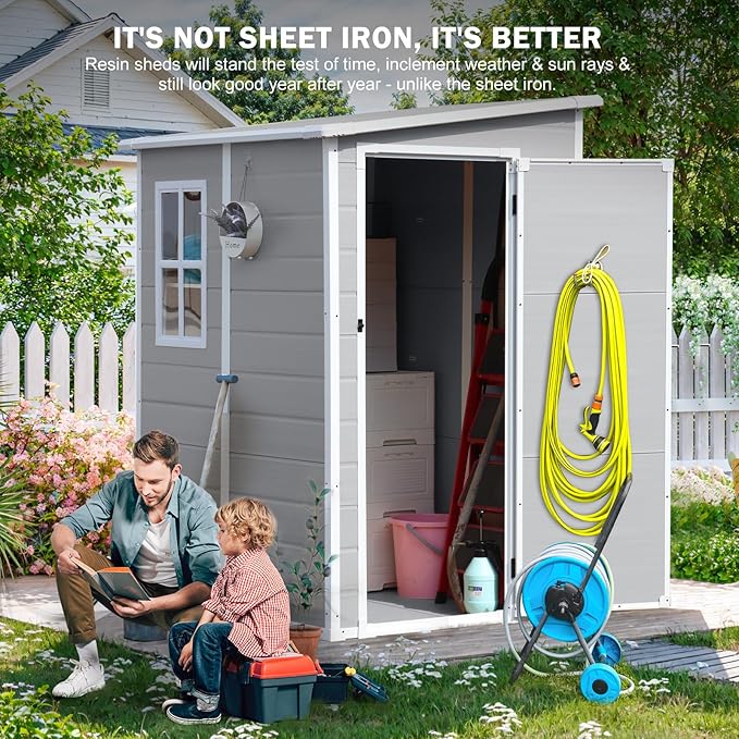 CDCASA 5x4 FT Resin Storage Shed, Waterproof Outdoor Shed with Floor & Window & Lockable Door Included, Outside Plastic Tool Sheds for Garden, Patio, Backyard, Lawn, Light Gray