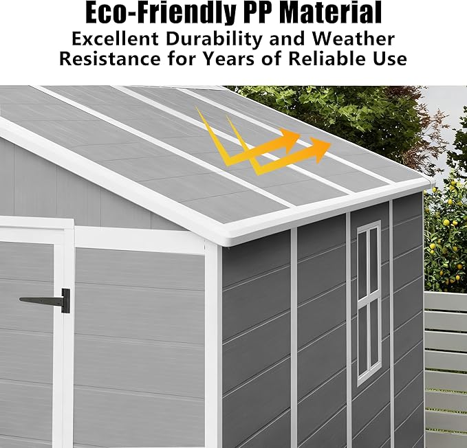 Outdoor Shed 5x3/6x4/7x7/8x6/8x10/8x12 FT, 15MM Thick PP Resin Plastic Shed with Lockable Door & Floor - Waterproof Plastic Tool Shed for Bike, Garbage Can, Backyard, Patio ﻿ ﻿ (Grey, 7x7FT)