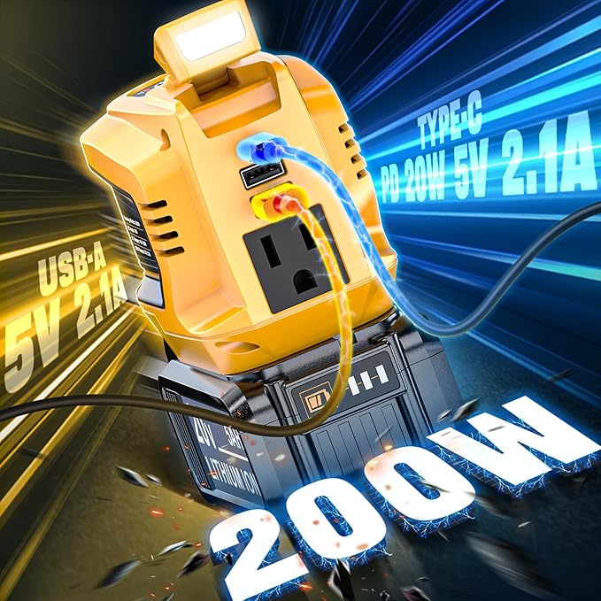 Real 200W Power Inverter Compatible with Dewalt 20V Max, Battery Inverter DC 20V to AC 110V-120V, LIVOWALNY Power Adapter with a 5AH Battery & a Charging Station & 2 USB-A & 1 Type-C & 1 AC Outlet