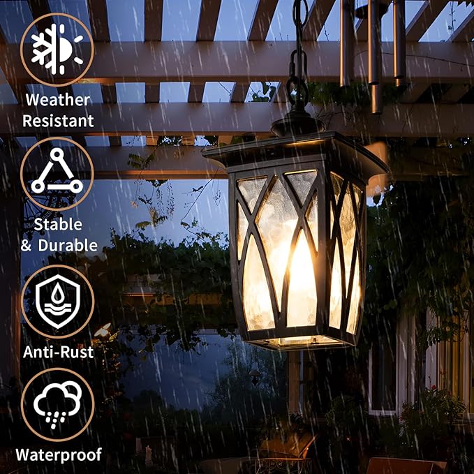 12'' Outdoor Pendant Light Fixture, Exterior Hanging Lantern, Modern Black Metal Outside Chandelier Light Fixture Ceiling Mount with Water Ripple Glass & Adjustable Chain for Porch, Gazebo, Front Door