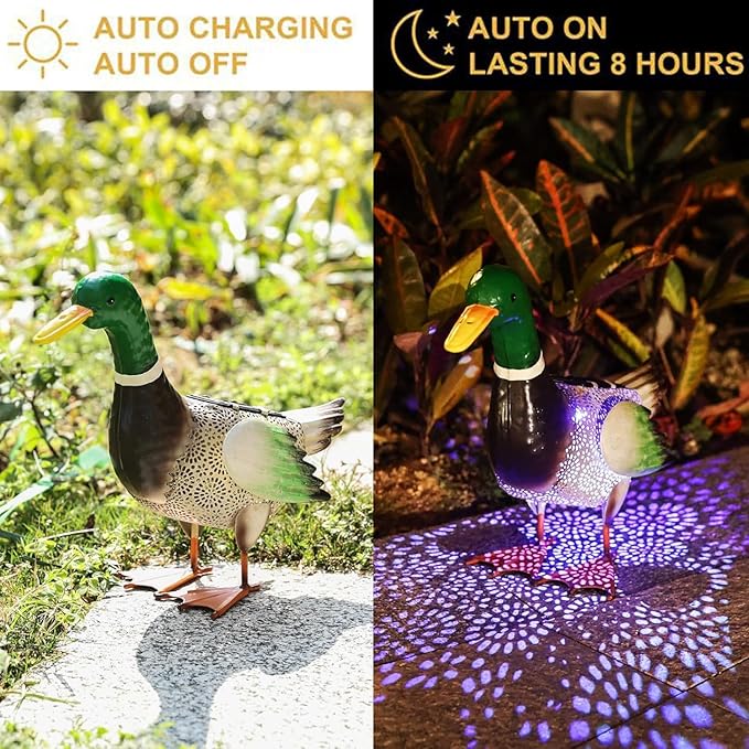 Solar Ducks Outdoor Statue ，Metal Duck Garden Decor ，Lawn Animal Statue Mallard Duck Art ，Gifts for Mallard Duck Lovers