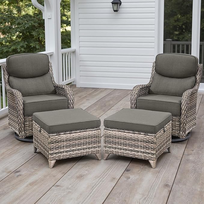 Rilyson Wicker Outdoor Patio Furniture Set - 4 Piece Patio Conversation Set with Swivel Rocker Chairs and Ottomans, 6 inch Cushions, High Back, Deep Seating, for Porch Deck Garden Mixed Grey/Grey