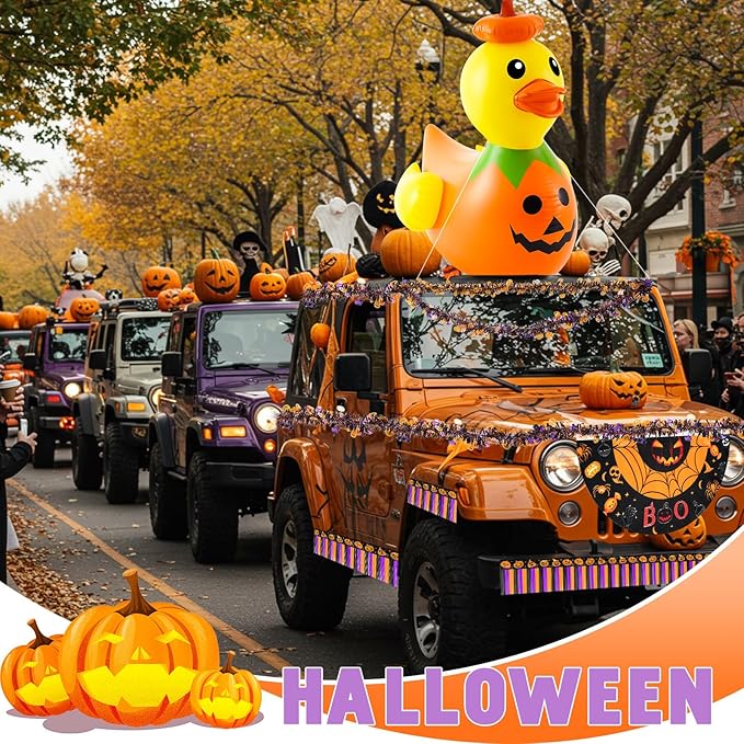 Hungdao 4ft Halloween Inflatable Pumpkin Duck Halloween Golf Cart Decorations Kit PVC Blow Ups Pumpkin Duck Tinsel Garlands Tinsel Streamers Fan Flag, Reusable Outdoor Decoration for Parade Yard