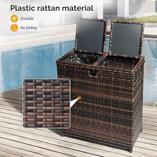 VINGLI 72 Gallon Outdoor Trash Can with Convenient Lid, Rattan Garbage Container with Side Hook, Weatherproof Patio Trash Can for Graden, Yard, Patio, Brown