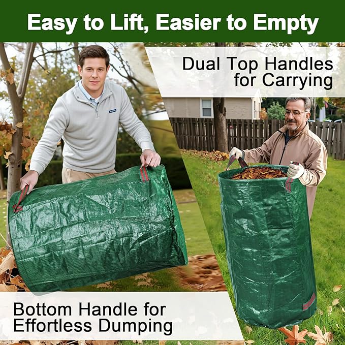 3-Pack 32 Gallon Yard Waste Bags with Leaf Scoop — Collapsible, Stand-Open Garden Bags with Reinforced Handles, Heavy-Duty Reusable Lawn Containers for Leaves, Weeds & Debris