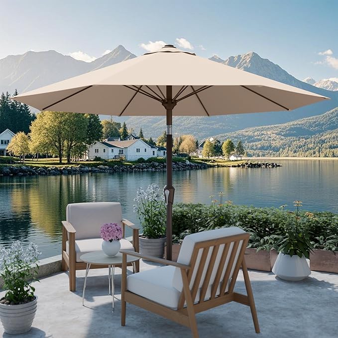 PatioKingdom Auto-Tilt 9FT Patio Umbrella Outdoor with 8 Sturdy Fiberglass Ribs,Market Table Umbrella for Pool,Backyard,Deck and Garden