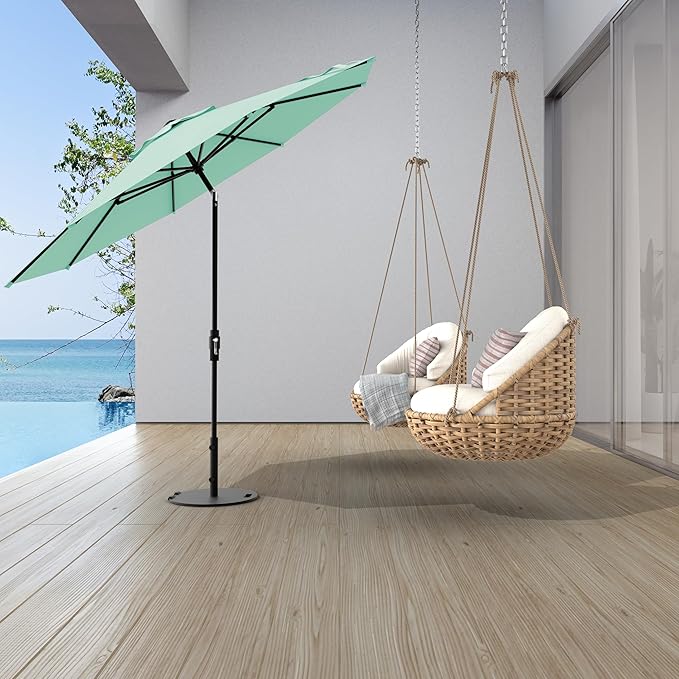 Midtown Umbrellas The Swilt 8 Feet Patio Umbrella in Sunbrella Canvas Glacier Acrylic Fabric - Fiberglass Ribs, Auto-Tilt Aluminum Frame For Backyard, Deck, Garden, Pool - White Pole