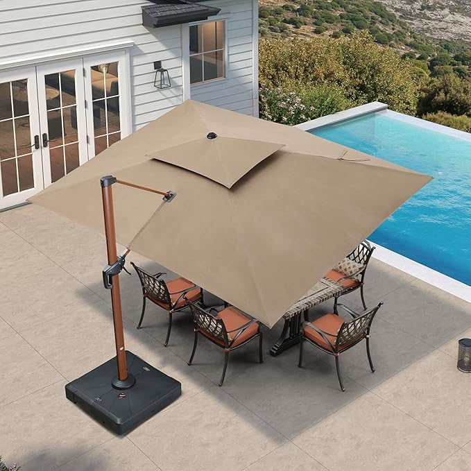 PURPLE LEAF 10' X 13' Patio Large Cantilever Umbrella Outdoor Round Wood Umbrellas Offset Umbrella Heavy Duty Sun Umbrellas for Garden Deck Pool, Deep Beige