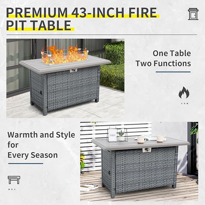 5 Piece Wicker Patio Furniture Sets Outdoor Conversation Set, PE Rattan Sectional Sofa Couch with 45" Fire Pit Table and Non-Slip Grey Cushions, Furniture Covers Included