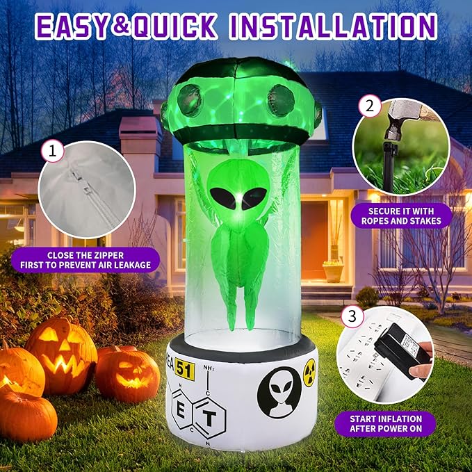 DearSun 8FT H Towering Halloween Inflatable Alien, Huge Halloween Outdoor Decoration,Blow Up Area 51 UFO Alien with Built-in LED Light Strong Blower for Large Party Yard Decoration