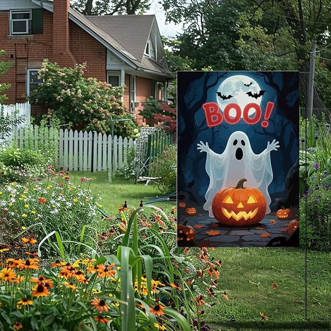 Halloween Boo Garden Flag Scary Ghost Bat Fall Pumpkins Halloween Themed Holiday Party Outside Outdoor Lawn Decorations Yard Flag Double Sided 12x18 Inch