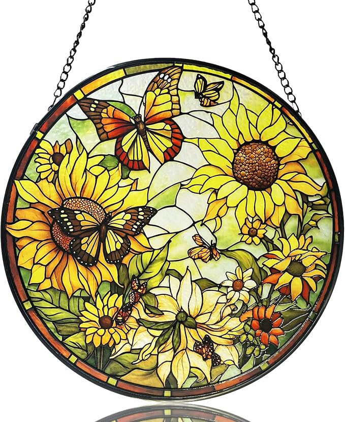 Sunflower Hanging Stained Glass for Windows,Hand-Painted Sun Catcher Garden Hangings，6.3 inch