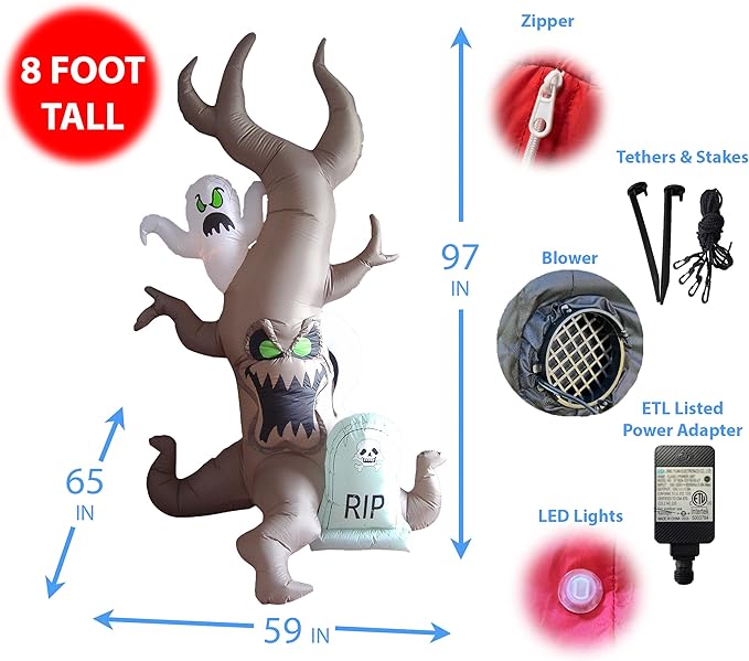8 Foot Tall Halloween Inflatable Grave Scene with Ghost, Dead Tree Monster and Tombstone Party LED Lights Decor Outdoor Indoor Holiday Decorations, Blow up Lighted Yard Lawn Decor Home Family Outside