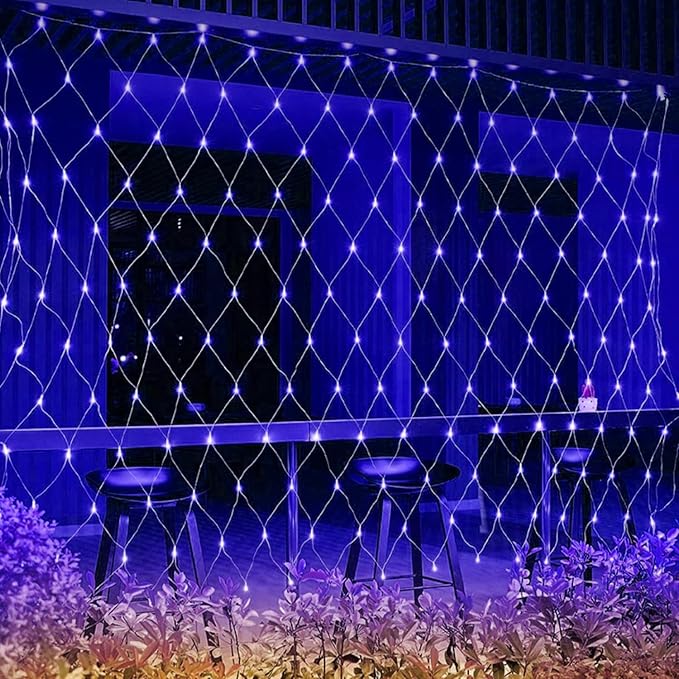 WATERGLIDE Outdoor Christmas Net Lights, 12FT x 5FT 360 LED Mesh String Light with 8 Lighting Modes, Connectable Waterproof Lights for Garden Tree Bushes, Holiday Wedding Party Decorations, Blue