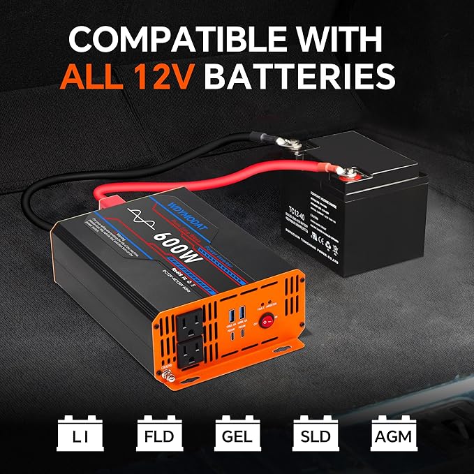 600W Pure Sine Wave Inverter, Car Power Inverter 12V to 110V, DC to AC Converter Generator with AC Outlets 3.0A USB Type-C, Remote Controller Truck Inversor for Vehicles, Car, RV, Camping