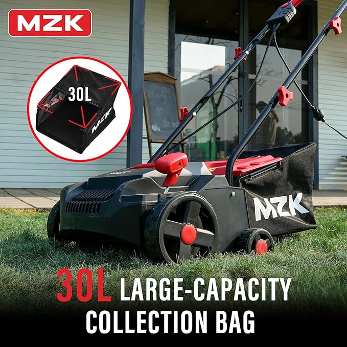 MZK 13-inch 13-Amp 2-in-1 Electric Dethatcher and Scarifier w/Removeable 4-Position Height Adjustment,Lawn dethatcher w/8-Gallon Thatch Collection Bag,Keep Lawn Health (DS13A04)