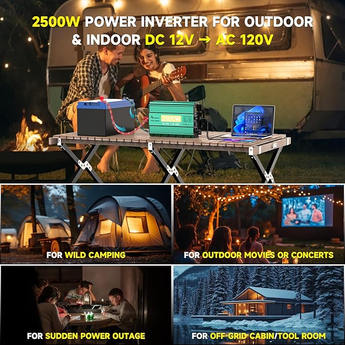 2500 Watt Inverter 12V to 110V/120V, 5000W Peak Truck Power Inverter Modified Sine Wave AC to DC Converter with Remote LED Didplay 5V 3.4A USB Port 2 AC Outlets for Vehicles Car RV