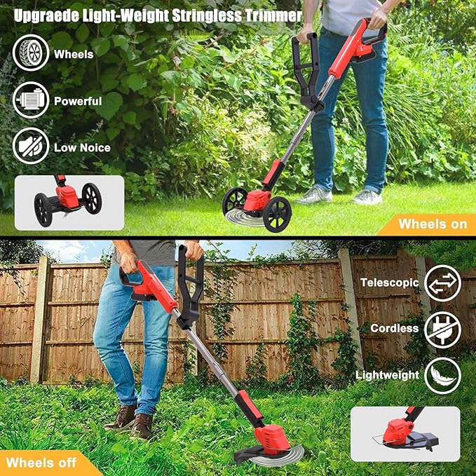Cordless Weed Wacker Eater Battery Powered, 21V Lightweight Electric Weed Trimmer with 2 Battery Operated & Charger& Wheels & Shears, No-String Grass Trimmer/Brush Cutter/Lawn Edger for Yard Garden