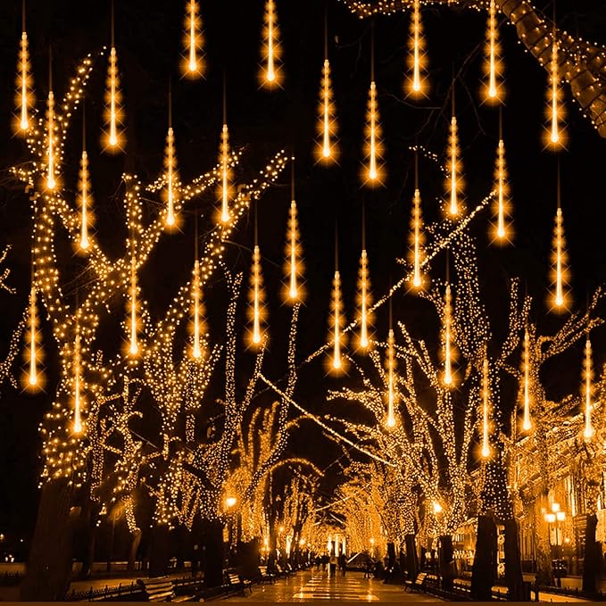 FUNPENY Meteor Shower Rain Lights, 288 LED Christmas Lights Icicle Snow Falling Outdoor Raindrop Light, Xmas Tree Holiday Christmas Halloween Decoration, Warm White