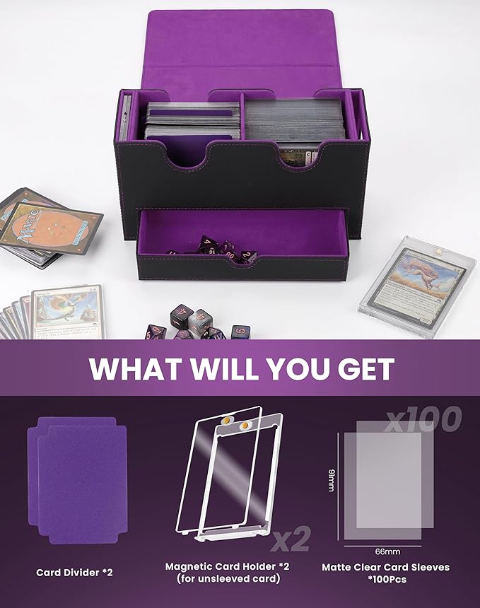 MRAUF MTG Deck Box with Double Commander Display and Dice Tray, Fits 200+ Double Sleeved Cards, Card Storage Box Plus 2 Magnetic Holders& 100Pcs Card Sleeves (Black& Purple)