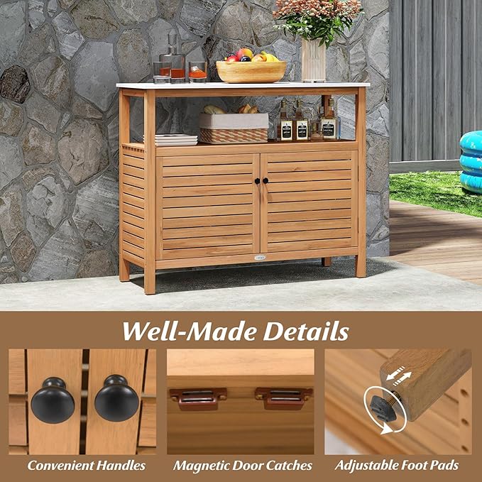 Goplus Patio Storage Cabinet, Outdoor Acacia Wood Buffet Cabinet with Marble-Like Countertop, Open Shelf & 2 Doors, Sideboard Organizer for Outdoor Kitchen, Garden, Backyard
