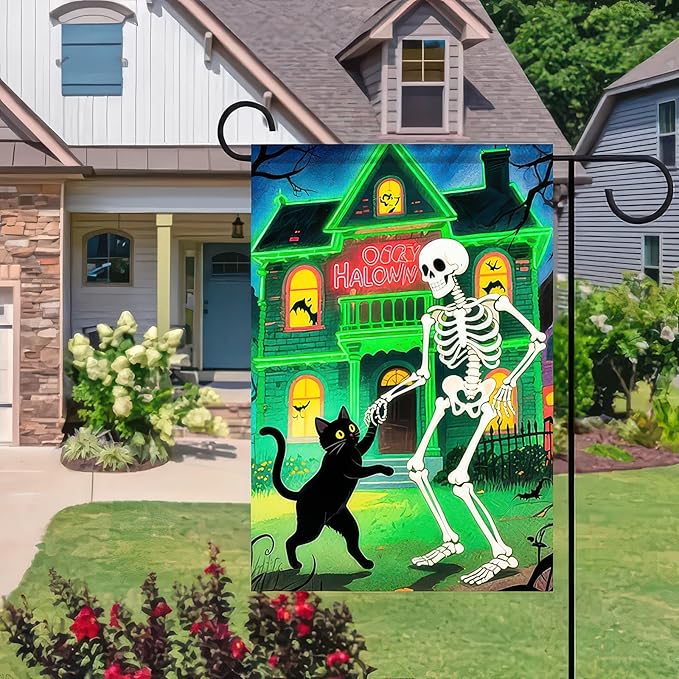 Garden Flags 12x18 Inch Halloween Garden Flag Double-Sided Skeleton Dancing with Black Cat Haunted House Pumpkin Fall Yard Decoration Trick or Treat Banner for Porch Lawn Outdoor Decor