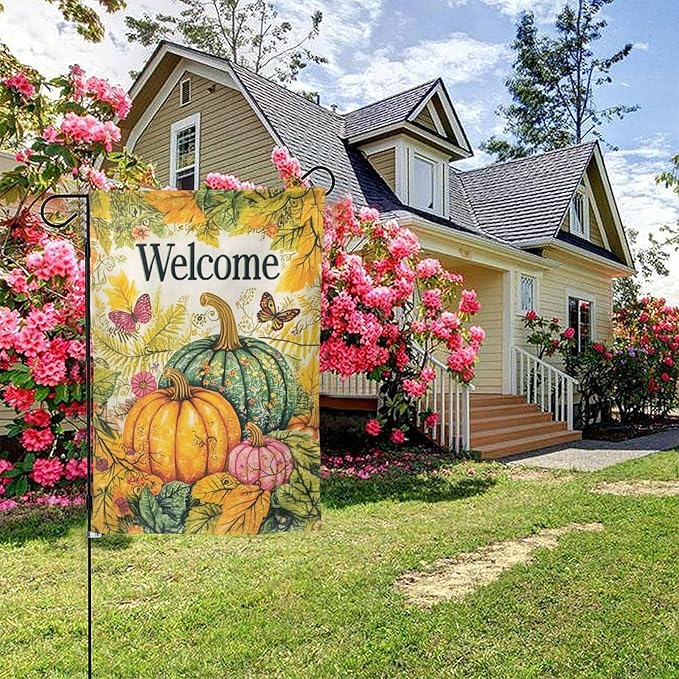 Welcome Fall Pumpkin Garden Flag Vertical Double Sided Outdoor Yard Flags 12.5x18 Inch Burlap Banners for House Lawn