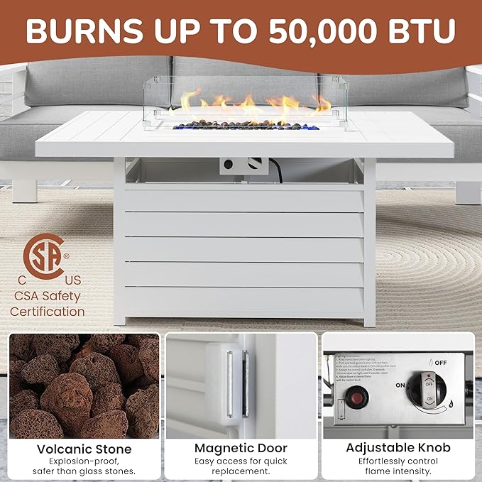 Solaste Aluminum Patio Furniture Set with Fire Pit Table, 4 Piece Metal Outdoor Furniture with Water-Resistant Cushions, Modern Patio Conversation Set for Balcony, Front Porch, and Backyard, White