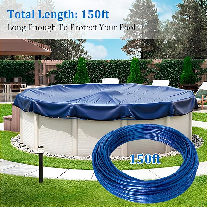 Belleone Swimming Pool Cover Cable and Winch Kit - 150ft Plastic-Coated Steel Pool Cover Wire & Aluminum Spring Loaded Pool Cover Ratchet for Above Ground Swimming Pool Winter Safe (Blue)