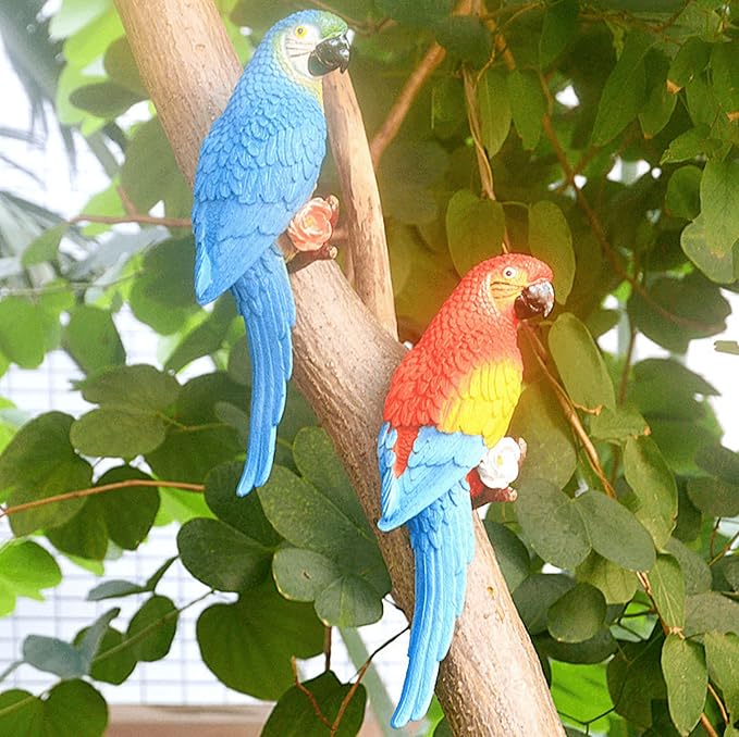 Bird Statue Garden Decorations,Outdoor Resin Bird Figurine Decoration,Bird Statue Real Parrot Figurine,Flapping Macaw Bird Tropical Decor Wall Sculpture, Polyresin, Full Color