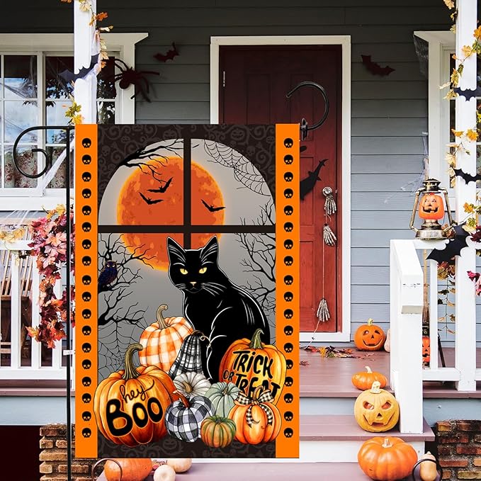 Black Cat Halloween Flag, Pumpkin Trick or Treat Boo Flag, Holiday Yard Flag, Garden Flag 12x18 Double Side