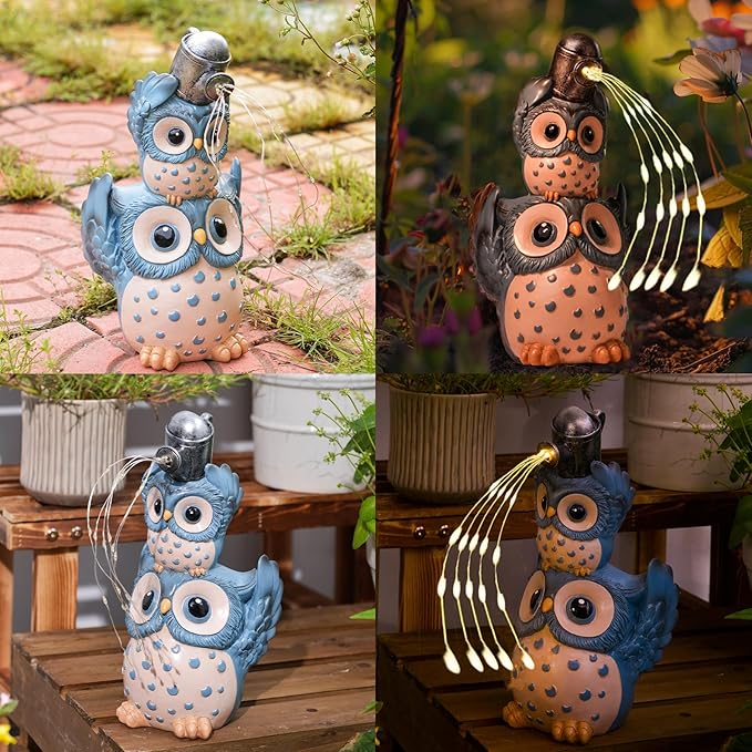 Solar Garden Statues Outdoor Decor, Watering Owl Statue Garden Decor, Resin Yard Decorations Outdoor for Patio, Porch, Balcony, Lawn Ornaments, House Warming Birthday Gifts for Mom Women Grandma
