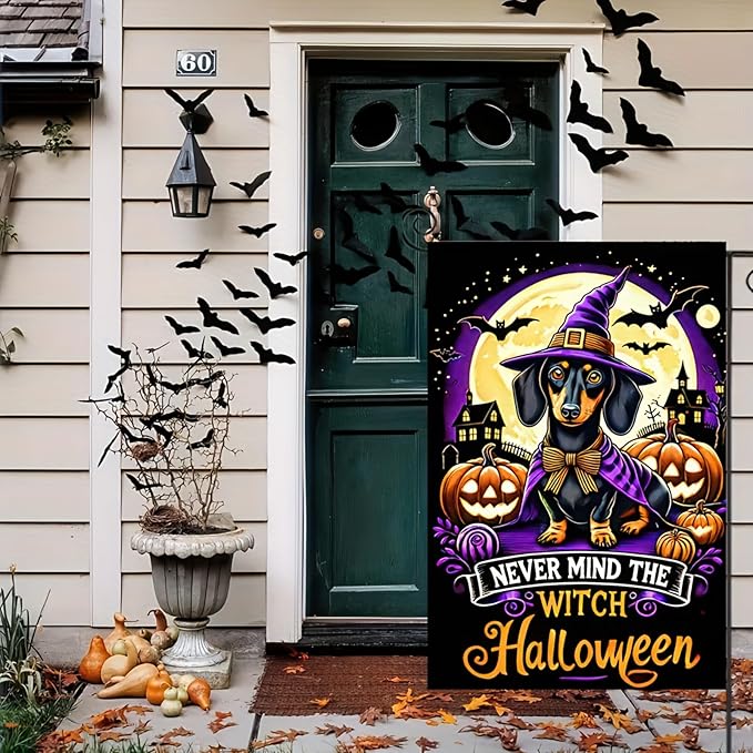 Witch Halloween Garden Flag 12 x 18 Double-Sided Witch Hat Dachshund Dog Garden Flag Fall Pumpkins Seasonal Holiday Outdoor Yard Flag Lawn Party Decorations Banner