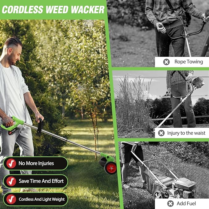 ALSO GO 24V Electric Weed Wacker, Cordless Weed Trimmer, Battery Powered Grass Trimmer with 2pcs Batteries, 3 in 1 Weed Eater with Wheels, Stringless Lightweight Grass Cutter for Lawn Garden Yard