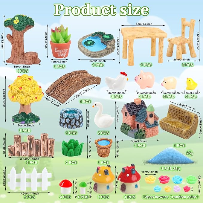 50 Pcs Fairy Garden Miniatures Accessories Bridge House Landscape Water Well Animal Fence Tree Sand Chair Table Pond Mushroom Lawn Ornament for DIY Craft Mini Garden Scenery Succulent Decor
