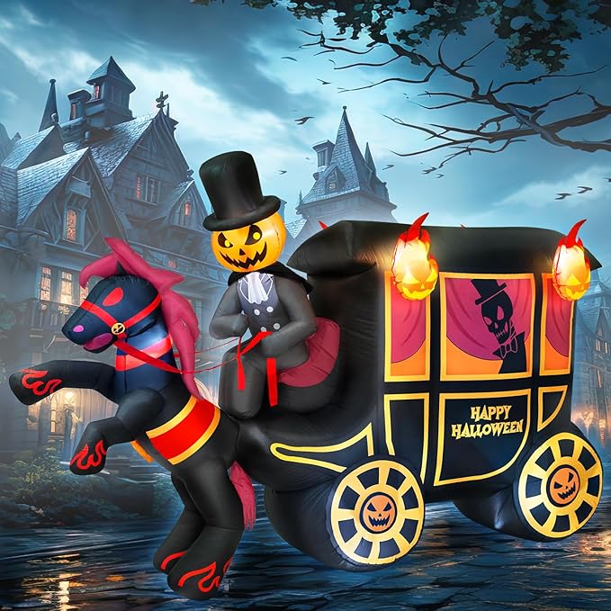 10FT Long Halloween Inflatables Built-in LED Light Pumpkin-Headed Horse Carriage, Giant Halloween Decorations Outdoor Blow Up Yard Decorations Spooky Ghost Carriage Halloween Blowups for Lawn Party
