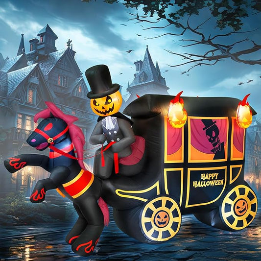 10FT Long Halloween Inflatables Built-in LED Light Pumpkin-Headed Horse Carriage, Giant Halloween Decorations Outdoor Blow Up Yard Decorations Spooky Ghost Carriage Halloween Blowups for Lawn Party