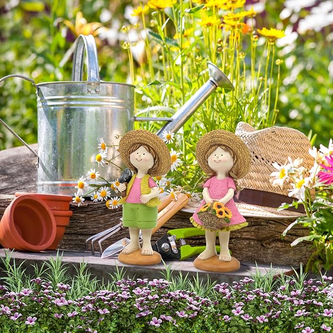Spring Fairy Garden Figurines, Resin Summer Sunflower Garden Statue Set - H9inch Miniature Figurines Decor Indoor & Outdoor, Summer Decorations for Home, Yard, Patio Decor