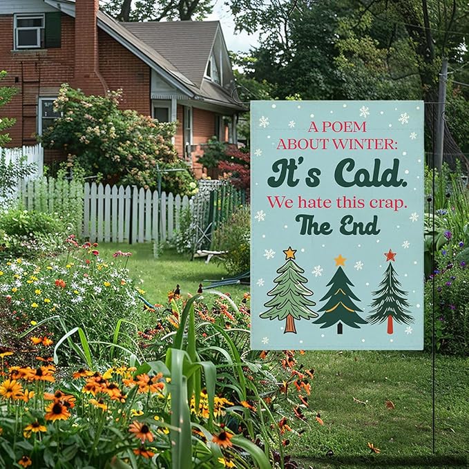 Funny Winter Garden Flag Home Farmhouse Holiday Outside Outdoor Snowflakes Christmas Trees Lawn Decorations Yard Flag Double Sided 12x18 Inch
