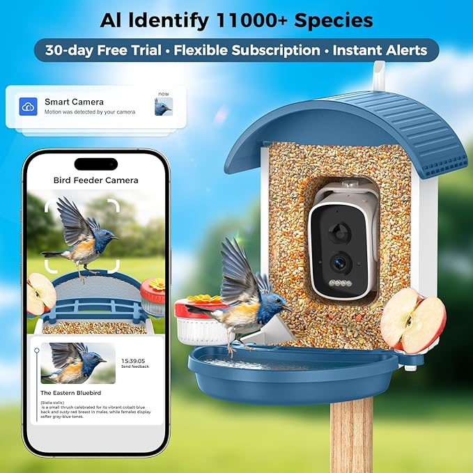 Bird Feeder with Camera, Smart Birdfeeder with Solar-Powered, 5MP AI Identify Birds 11000, Night Vision, Auto Record Video,Instant Notifications, Bird Feeders for Outdoors, Birds Watching Gifts