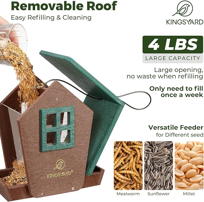Kingsyard Bird Feeder House for Outdoors Hanging, Recycled Plastic Large Bird Feeder with Weatherproof Roof & Seed Tray for Finch Cardinal Chickadee, Large Capacity 4 lbs, Garden Yard Outside Decor