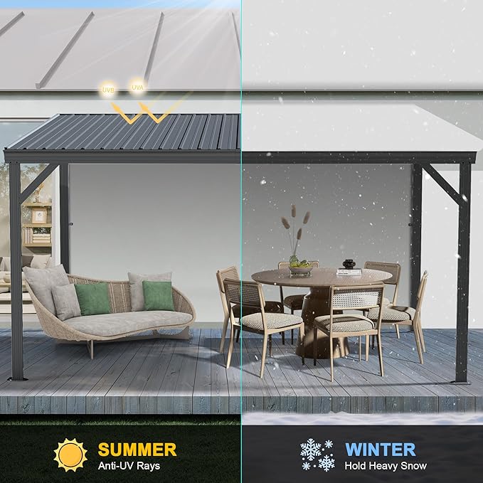 Domi 10’x14’ Lean-to Gazebo, Hardtop Wall-Mounted Gazebo Pergola with Sloping Galvanized Steel Roof and Upgraded Drainage System, Outdoor Permanent Metal Shelters for Patio Backyard Deck, Grey