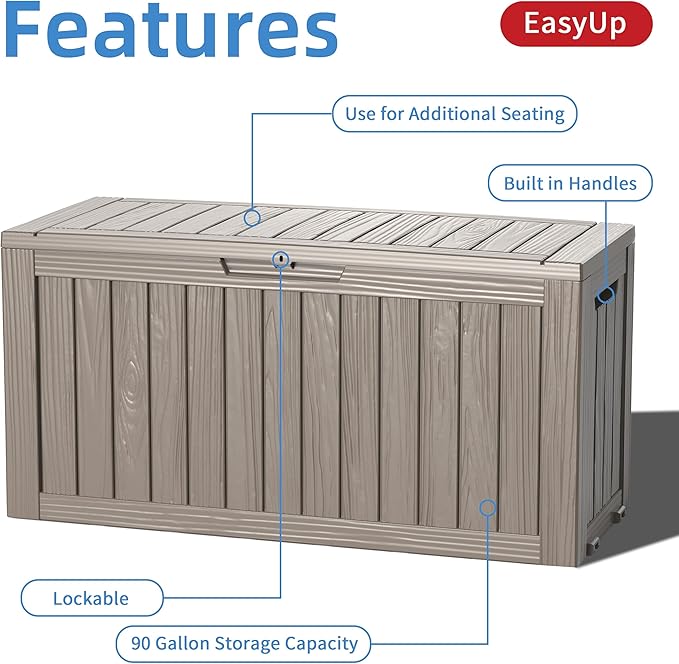EasyUp 90 Gallon Outdoor Storage Box, Resin Waterproof UV-Resistant Deck Box, Reinforced Stability for Patio, Garden, and Poolside, Striped Gray