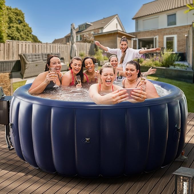 2-4 Person Inflatable Hot Tub - 73"x28" Round Portable Outdoor Spa with 146 Bubbling Jets & Smart Control,2 Contoured Headrest,Cup Holder and Cover, Blue