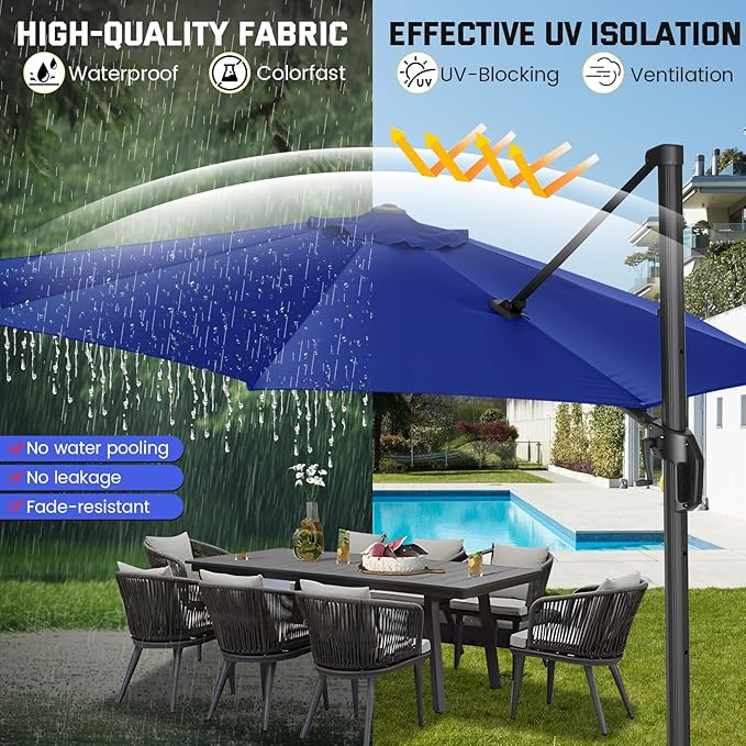 Hotime 10ft Patio Umbrella Outdoor Patio Windproof and Height adjustable, Heavy Duty Aluminum Round Offset Patio Umbrella Cantilever Pool Umbrella with 360°Rotation for Garden Deck Pool, Dark Blue